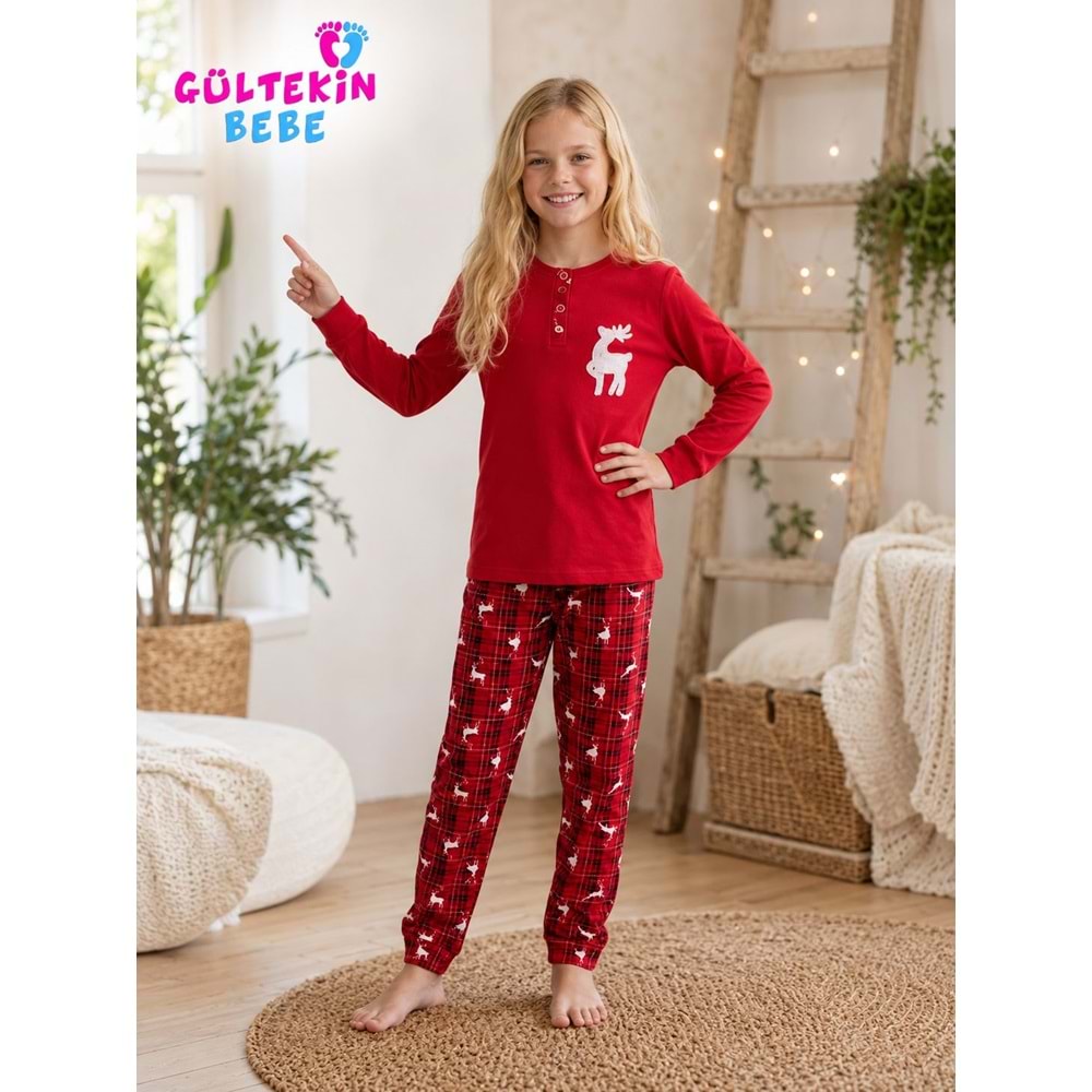 Tarık İnterlok Kumaş Geyik Nakışlı Kız Pijama Takımı 11-16 Yaş -TA6736470 - KIRMIZI