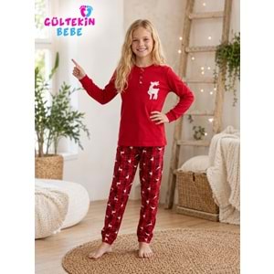 Tarık İnterlok Kumaş Geyik Nakışlı Kız Pijama Takımı 11-16 Yaş -TA6736470 - KIRMIZI