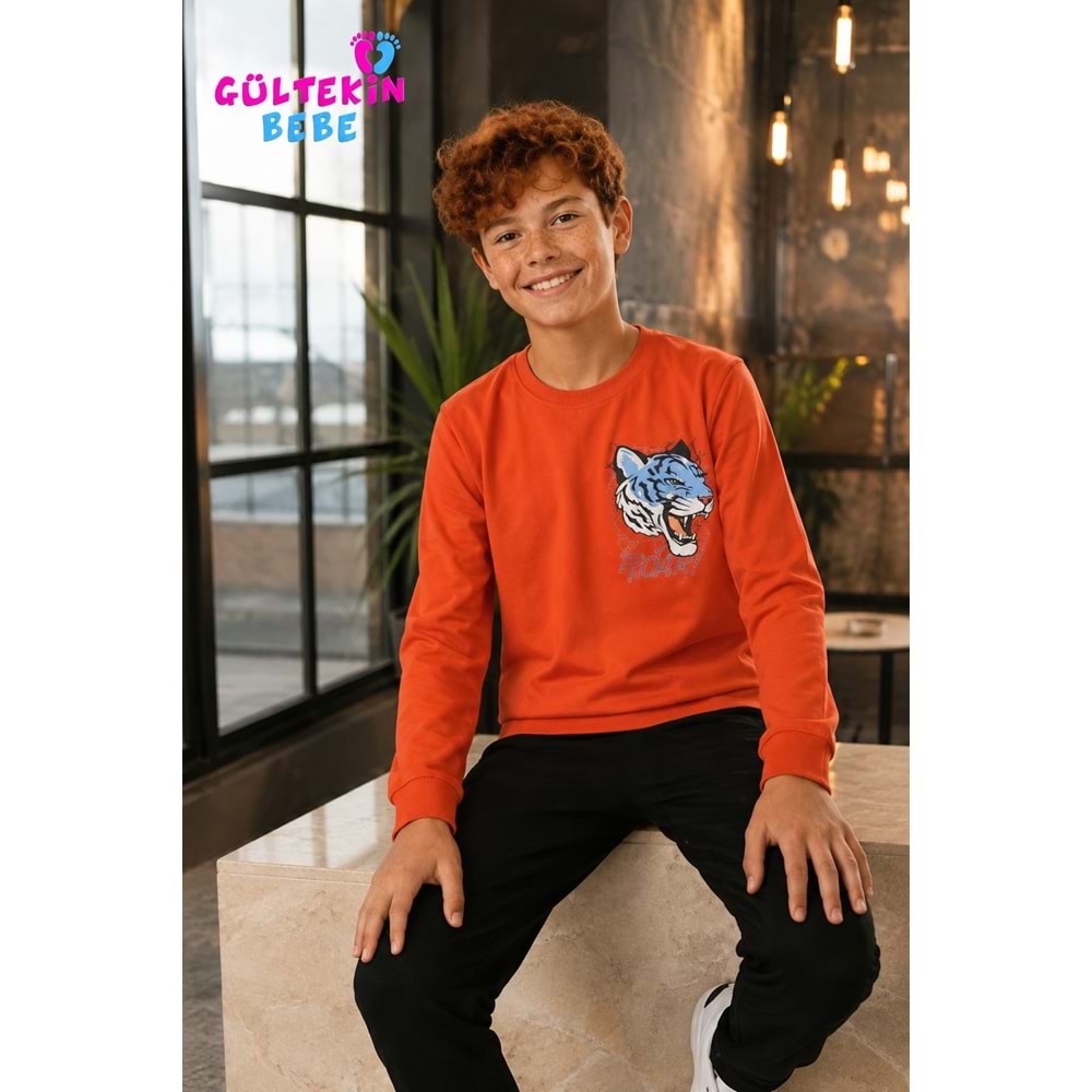 Tarık İnterlok Kumaş Çıta Baskılı Erkek Pijama Takımı 11-16 Yaş -TA4405470 - TURUNCU