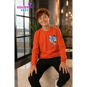 Tarık İnterlok Kumaş Çıta Baskılı Erkek Pijama Takımı 11-16 Yaş -TA4405470 - TURUNCU
