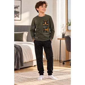 Tarık İnterlok Kumaş Araba Baskılı Erkek Pijama Takımı 11-16 Yaş -TA4401470 - HAKİ YEŞİL
