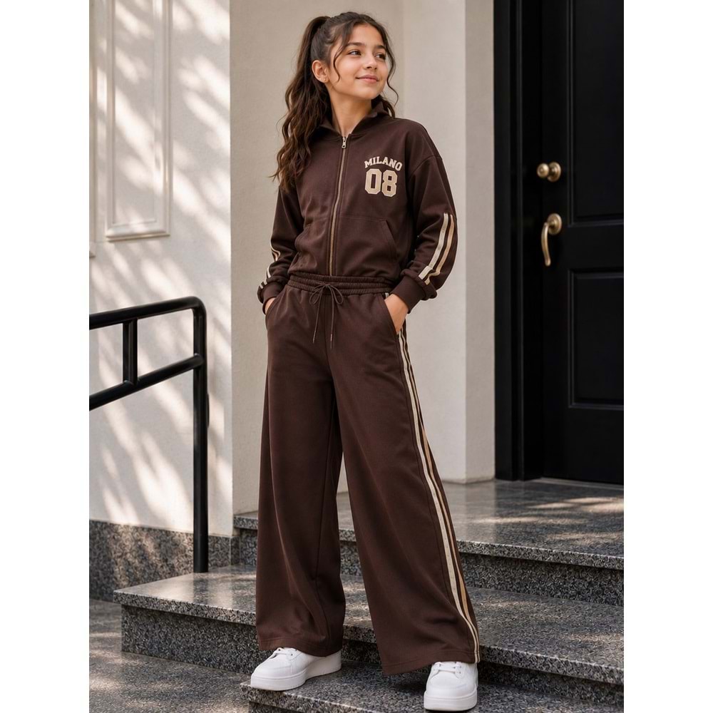 Vız Vız Kids Milano Baskılı İkili Kız Fermuarlı Eşofman Takımı 8-16 Yaş -VI1305680 - KAHVERENGİ