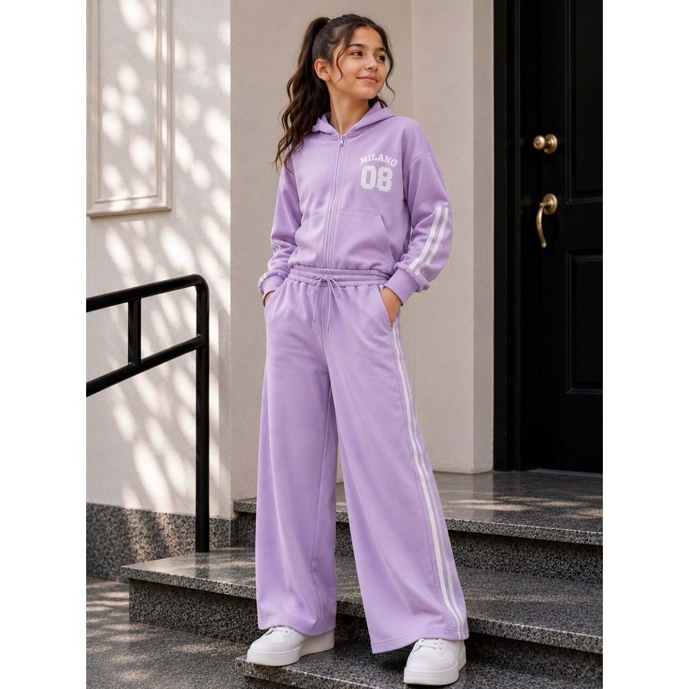Vız Vız Kids Milano Baskılı İkili Kız Fermuarlı Eşofman Takımı 8-16 Yaş -VI1305680 - LİLA