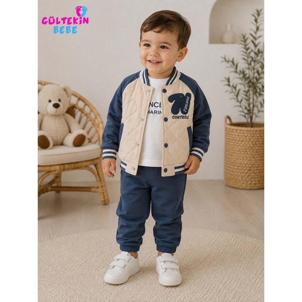 Donino Baby N Nakışlı Erkek Ceketli Erkek Üçlü Takım 9-24 Aylık -BA465538426 - MAVİ