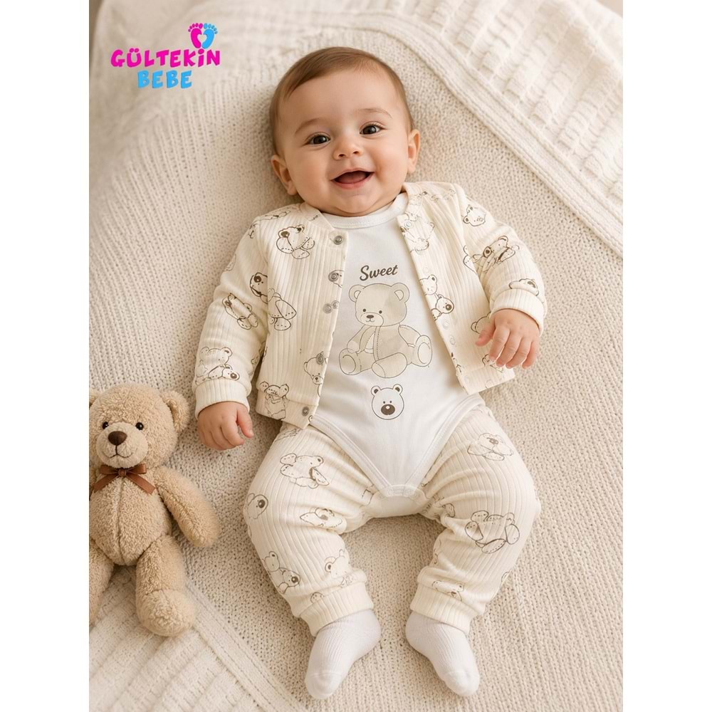 Agucuk Baby Oturan Ayıcık Baskılı Kapşonlu 3 lü Takım 3-9 Aylık -BA467572232 - BEJ