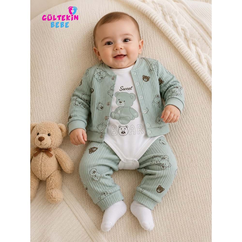 Agucuk Baby Oturan Ayıcık Baskılı Kapşonlu 3 lü Takım 3-9 Aylık -BA467572232 - SU YEŞİLİ