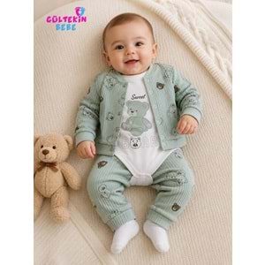 Agucuk Baby Oturan Ayıcık Baskılı Kapşonlu 3 lü Takım 3-9 Aylık -BA467572232 - SU YEŞİLİ