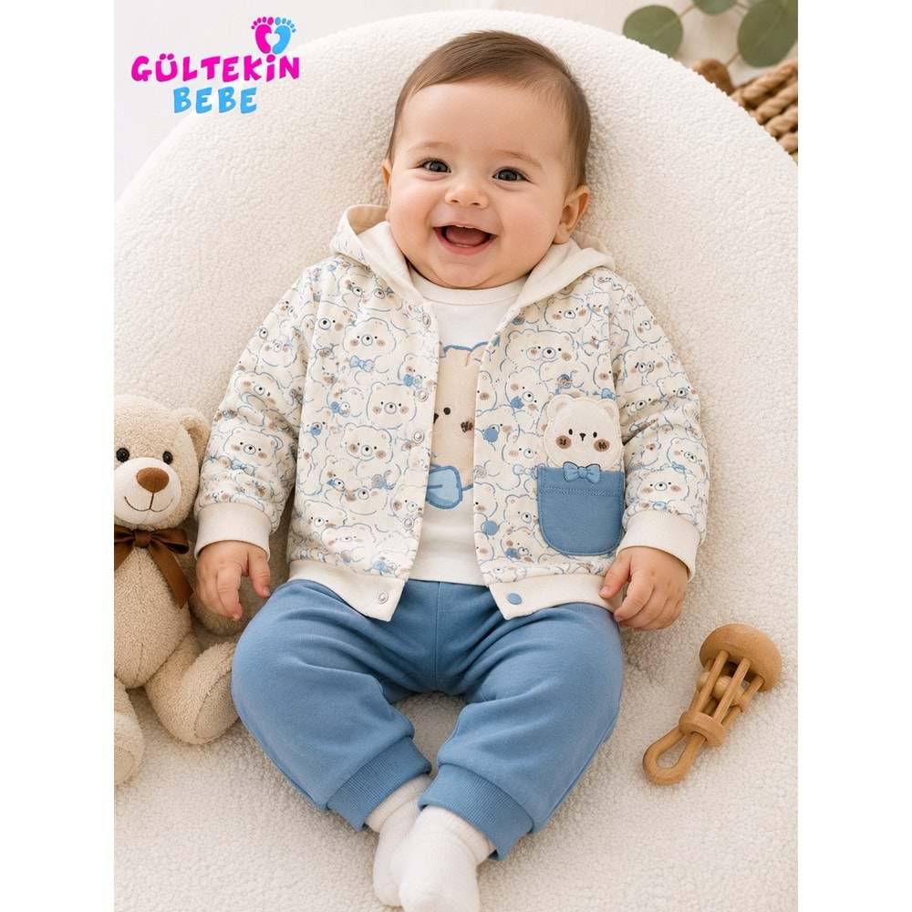 Agucuk Baby Papyonlu Ayıcıklar Ceketli 3 lü Erkek Takım 3-12 Aylık -BA455947281 - MAVİ