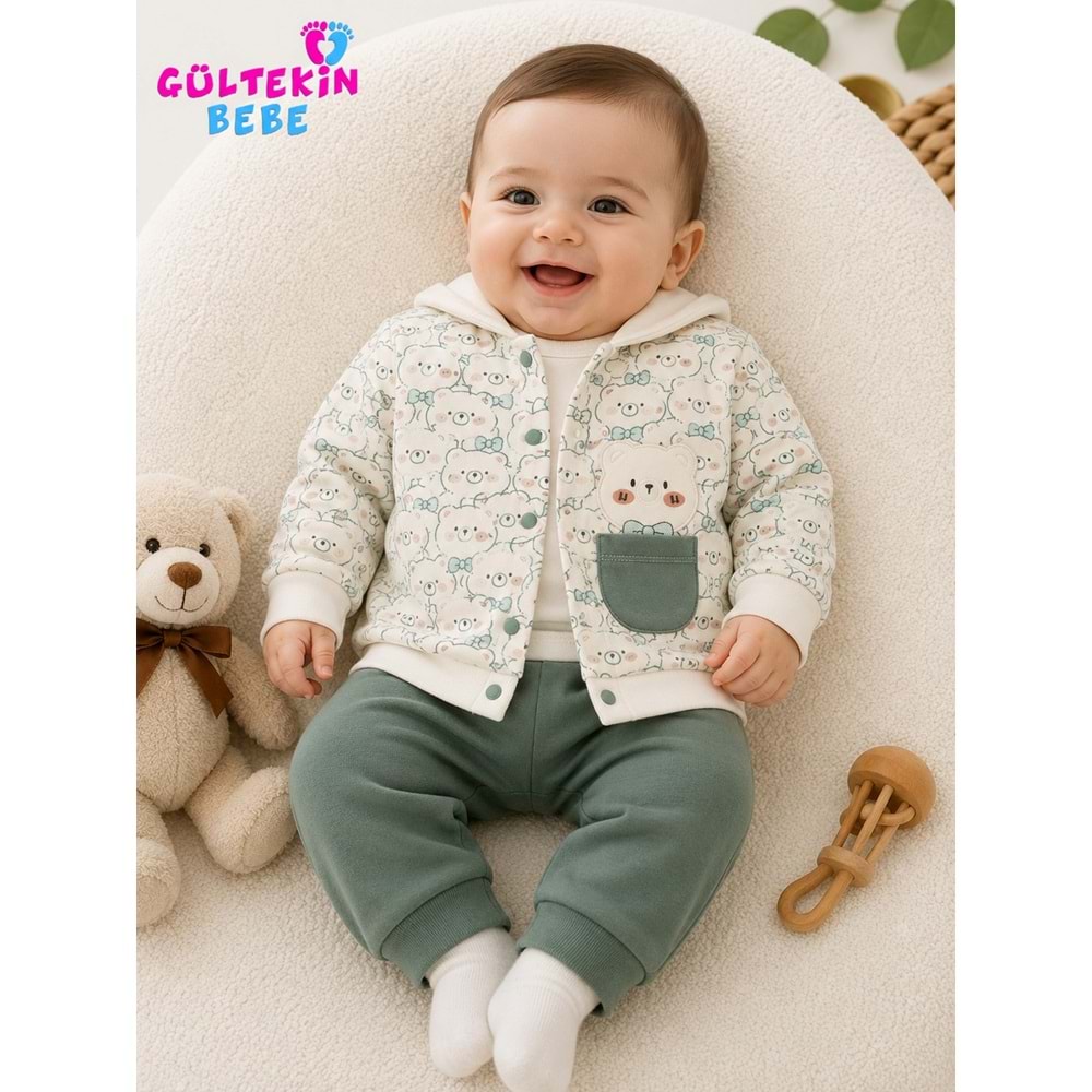 Agucuk Baby Papyonlu Ayıcıklar Ceketli 3 lü Erkek Takım 3-12 Aylık -BA455947281 - YEŞİL