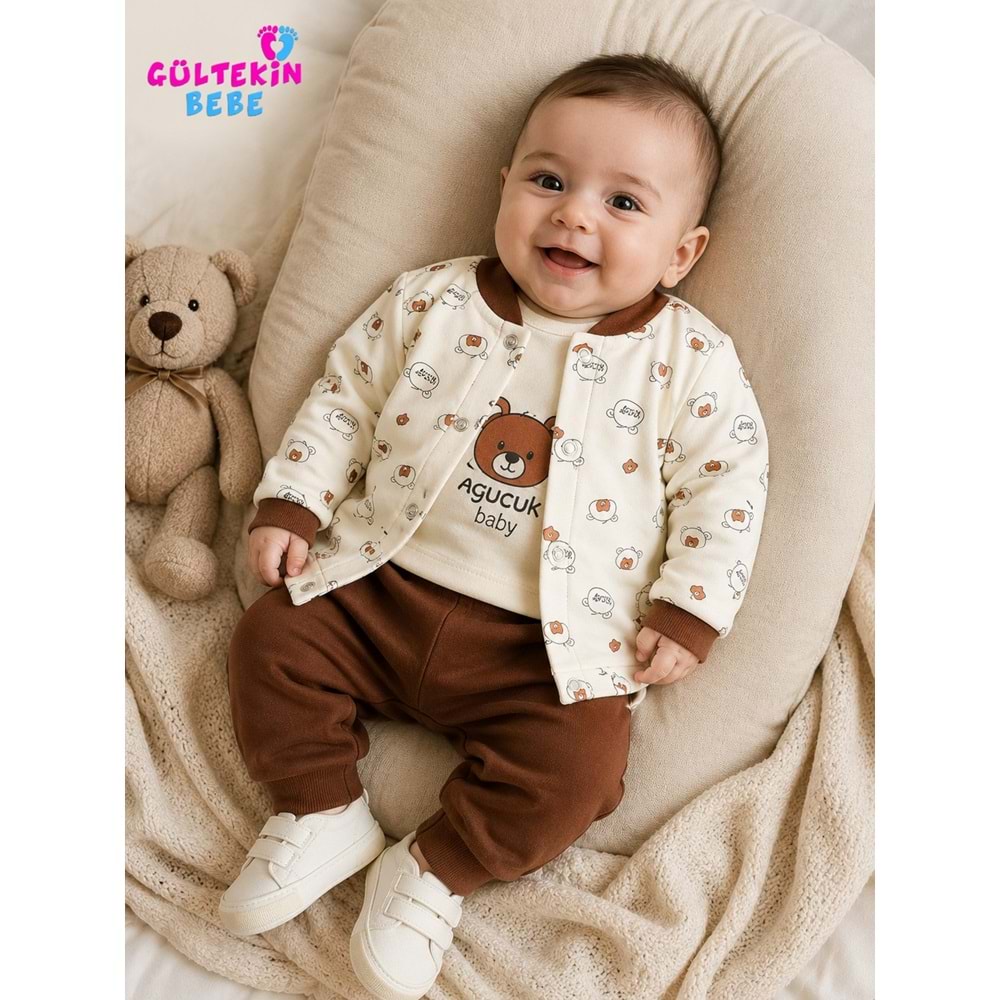 Agucuk Baby Kulaklı Ayılı Ceketli 3 lü Erkek Takım 3-12 Aylık -BA464395270 - KAHVERENGİ