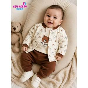 Agucuk Baby Kulaklı Ayılı Ceketli 3 lü Erkek Takım 3-12 Aylık -BA464395270 - KAHVERENGİ