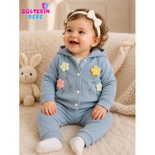 Agucuk Baby Çiçek Motifli Hırkalı Kız Üçlü Takım 3-9 Aylık -BA441520238 - MAVİ