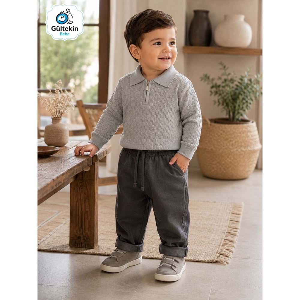 Canöz Bebe Triko Fermuarlı Sweatli Kot Pantolonlu İkili Takım 9-24 Aylık -AY3949573 - GRİ
