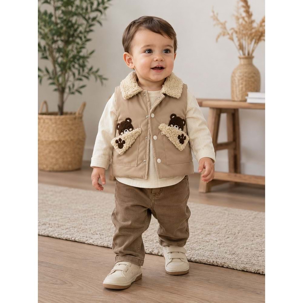 Canöz Bebe Yelekli Gömlekli Erkek Üçlü Takım 9-24 Aylık -AY3914856 - KAHVERENGİ