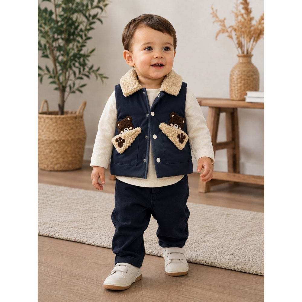 Canöz Bebe Yelekli Gömlekli Erkek Üçlü Takım 9-24 Aylık -AY3914856 - LACİVERT