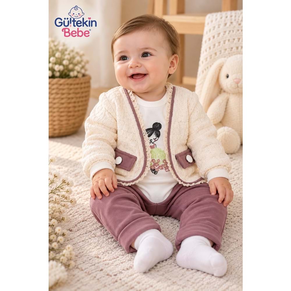 Mini Pakel Örme Desenli Kız Üçlü Takım 3-12 Aylık -DÜ1495380 - GÜL KURUSU
