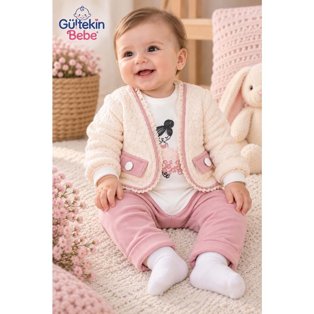 Mini Pakel Örme Desenli Kız Üçlü Takım 3-12 Aylık -DÜ1495380 - PEMBE