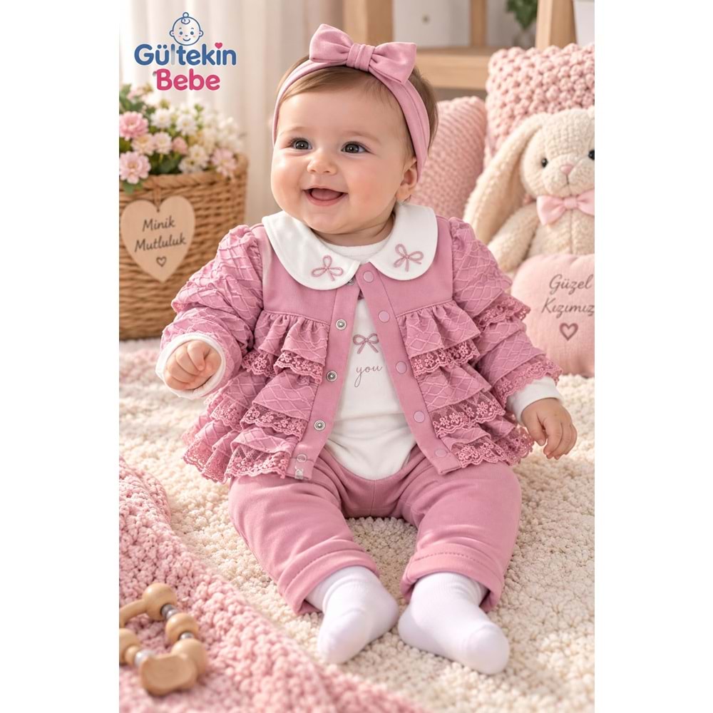Mini Pakel Fırfırlı Kız Üçlü Takım 3-12 Aylık -DÜ1544408 - GÜL KURUSU