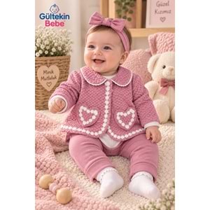 Mini Pakel Kalp Desenli Kız Üçlü Takım 3-12 Aylık -DÜ1500390 - GÜL KURUSU