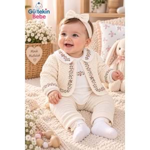 Mini Pakel Çiçek Nakışlı Kız Üçlü Takım 3-12 Aylık -DÜ1498340 - KREM