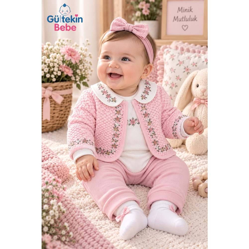 Mini Pakel Çiçek Nakışlı Kız Üçlü Takım 3-12 Aylık -DÜ1498340 - PEMBE