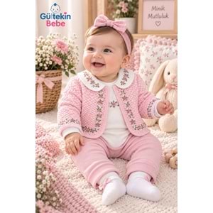 Mini Pakel Çiçek Nakışlı Kız Üçlü Takım 3-12 Aylık -DÜ1498340 - PEMBE