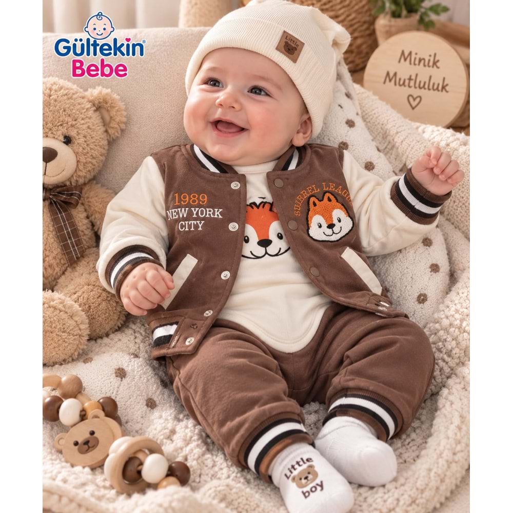 Mini Pakel Tilki Nakışlı Erkek Üçlü Takım 3-9 Aylık -DÜ1546333 - KAHVERENGİ