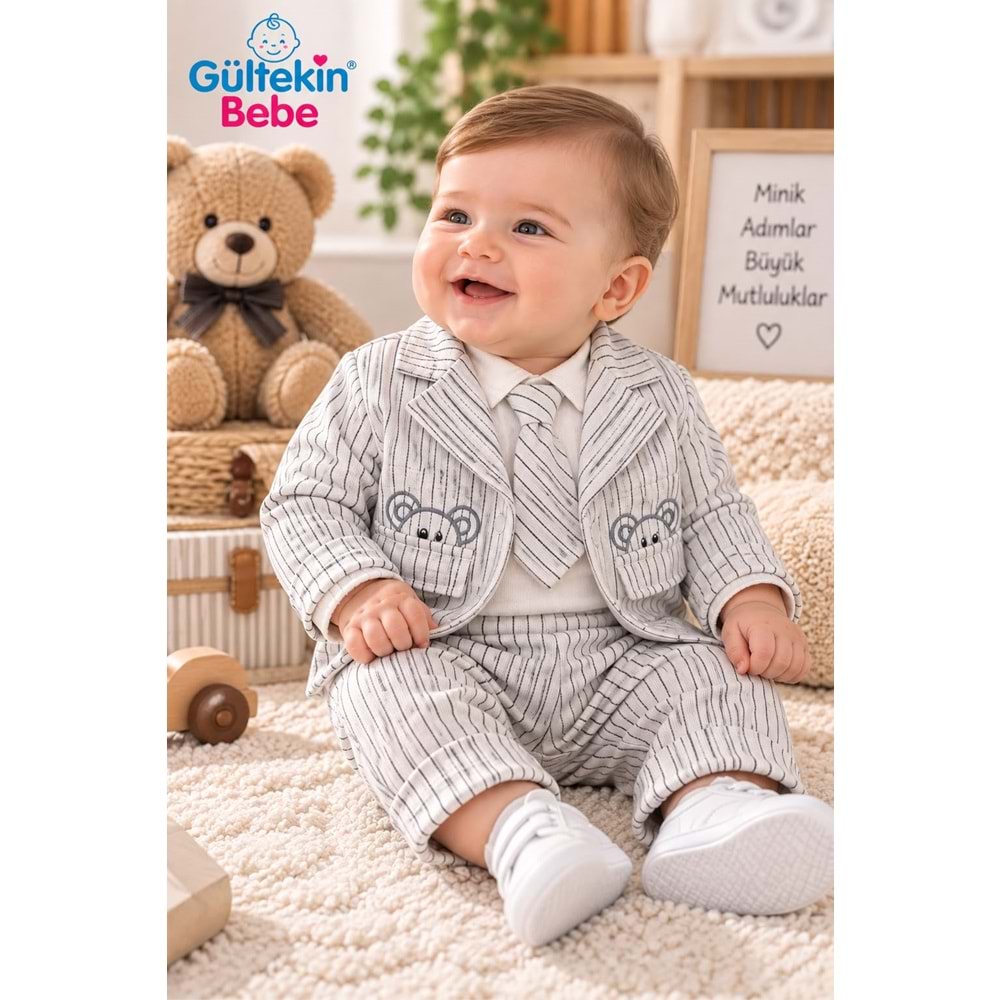 Mini Pakel Cepleri Ayıcık Nakışlı Erkek Üçlü Takım 3-9 Aylık -DÜ1330318 - GRİ
