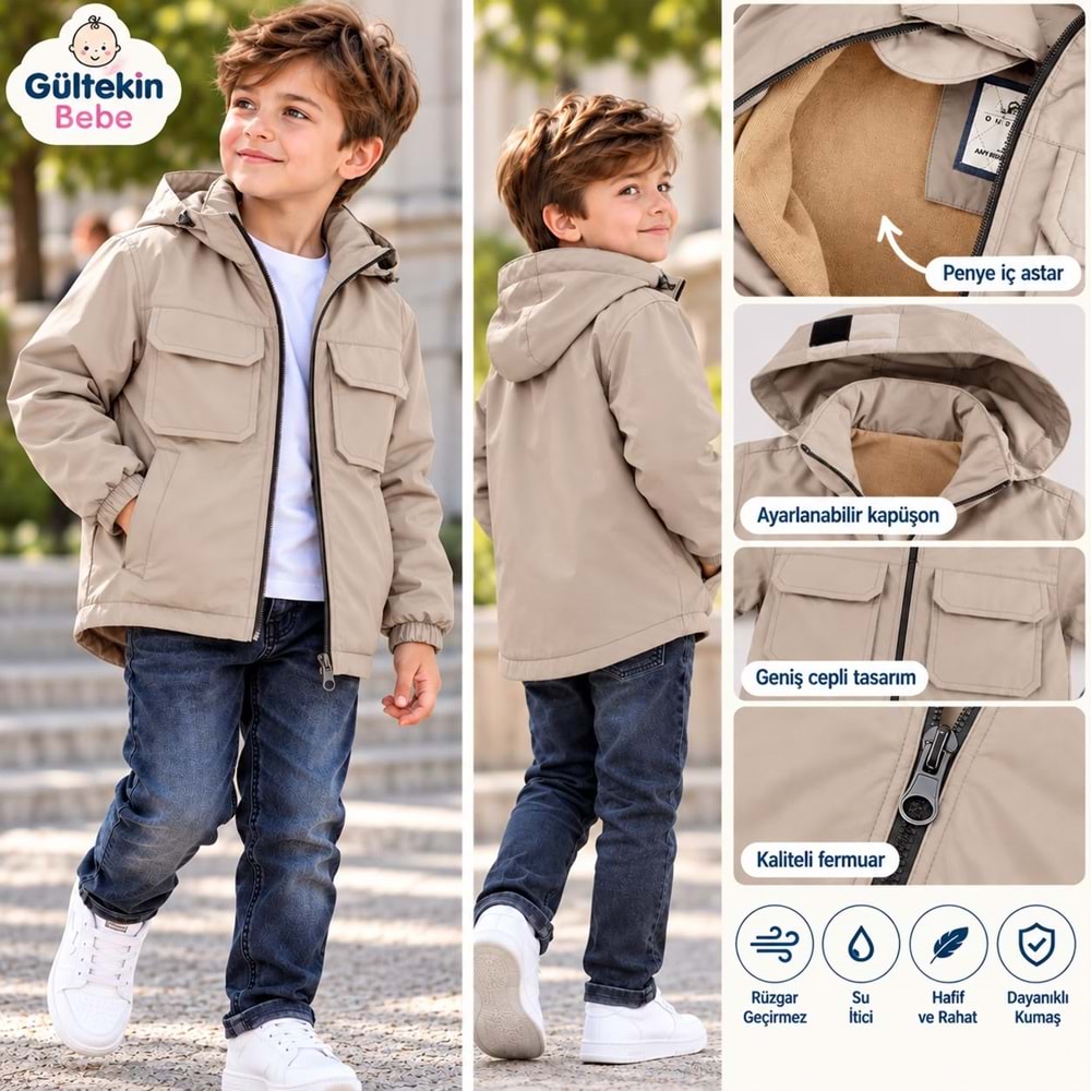Erkek Paraşüt Kumaş Yağmurluk 7-11 Yaş -VE7419575 - BEJ