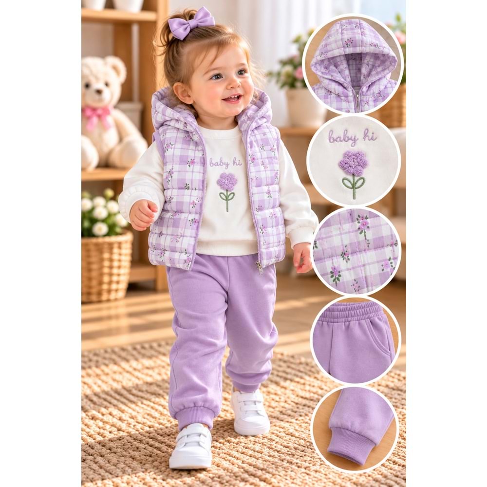 Baby Hi Süzine Çiçekli Şişme Yelekli Kız Üçlü Takım 9-18 Aylık -DÜ670342 - MOR
