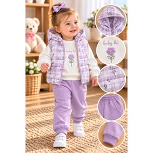 Baby Hi Süzine Çiçekli Şişme Yelekli Kız Üçlü Takım 9-18 Aylık -DÜ670342 - MOR