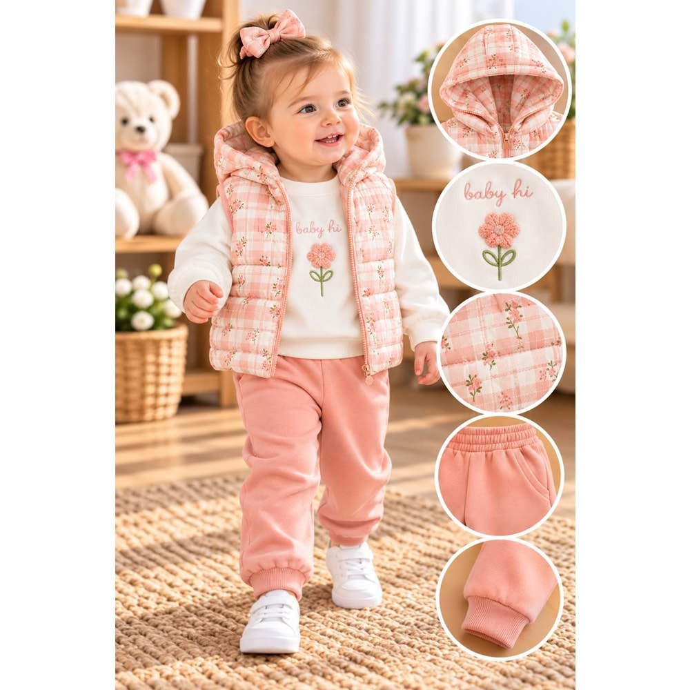Baby Hi Süzine Çiçekli Şişme Yelekli Kız Üçlü Takım 9-18 Aylık -DÜ670342 - SOMON