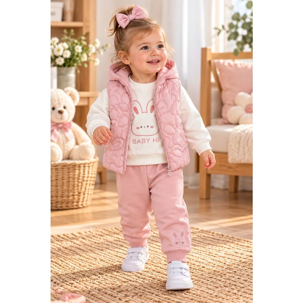 Baby Hi Ayıcıklı Şişme Yelekli Kız Üçlü Takım 9-18 Aylık -DÜ653337 - GÜL KURUSU