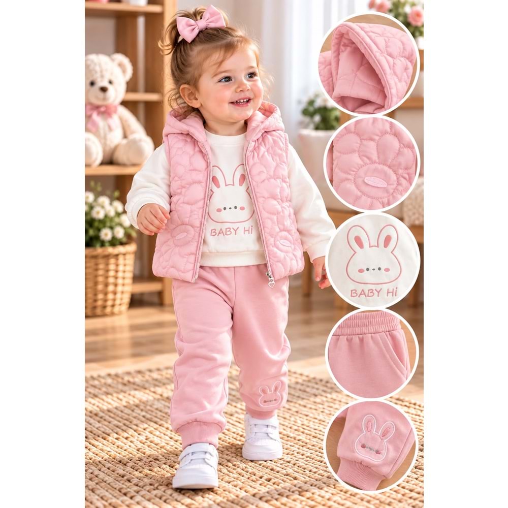 Baby Hi Ayıcıklı Şişme Yelekli Kız Üçlü Takım 9-18 Aylık -DÜ653337 - PEMBE