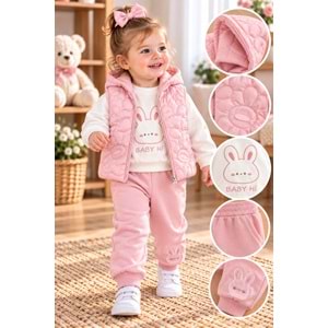 Baby Hi Ayıcıklı Şişme Yelekli Kız Üçlü Takım 9-18 Aylık -DÜ653337 - PEMBE