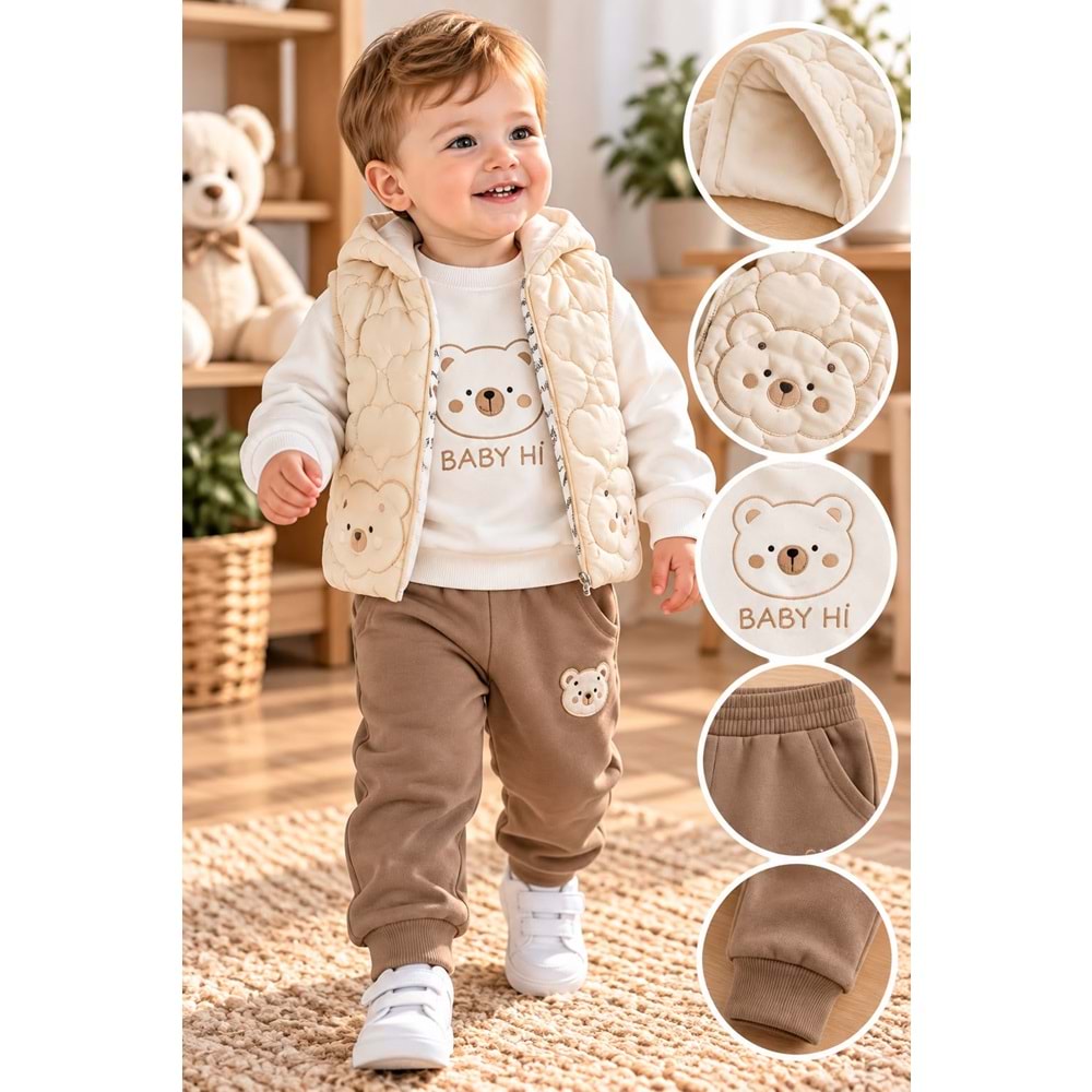 Baby Hi Ayıcıklı Şişme Yelekli Erkek Üçlü Takım 9-18 Aylık -DÜ651337 - KAHVERENGİ
