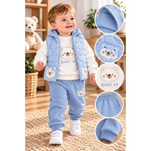 Baby Hi Ayıcıklı Şişme Yelekli Erkek Üçlü Takım 9-18 Aylık -DÜ651337 - MAVİ