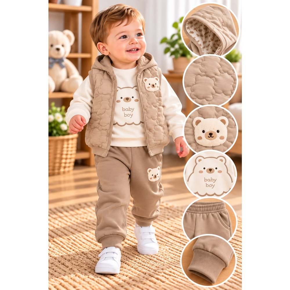 Baby Hi Ayıcıklı Şişme Yelekli Erkek Üçlü Takım 9-18 Aylık -DÜ649327 - AÇIK KAHVE