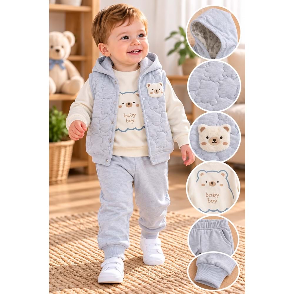 Baby Hi Ayıcıklı Şişme Yelekli Erkek Üçlü Takım 9-18 Aylık -DÜ649327 - MAVİ