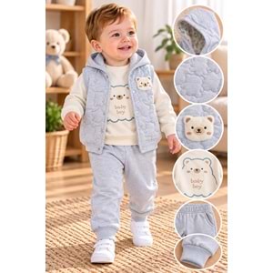 Baby Hi Ayıcıklı Şişme Yelekli Erkek Üçlü Takım 9-18 Aylık -DÜ649327 - MAVİ