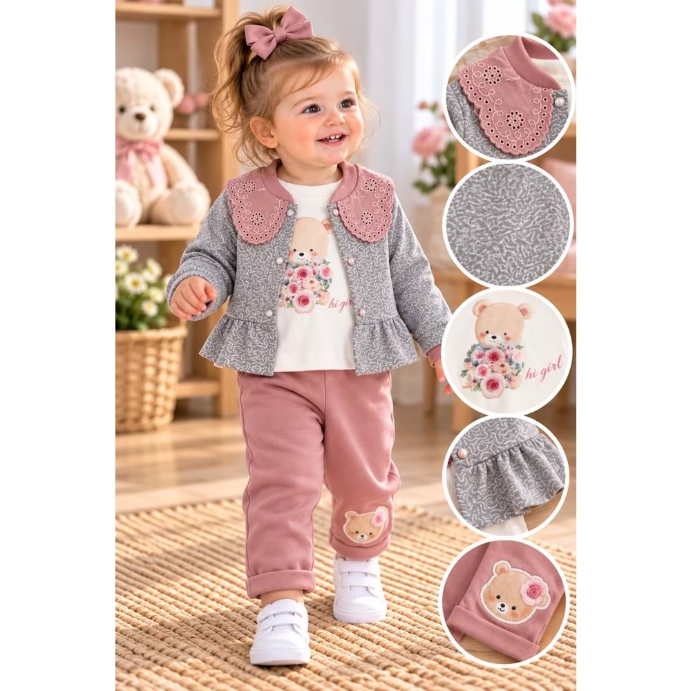 Baby Hi Gül Jakarlı Kız Üçlü Takım 9-18 Aylık -DÜ630250 - GÜL KURUSU