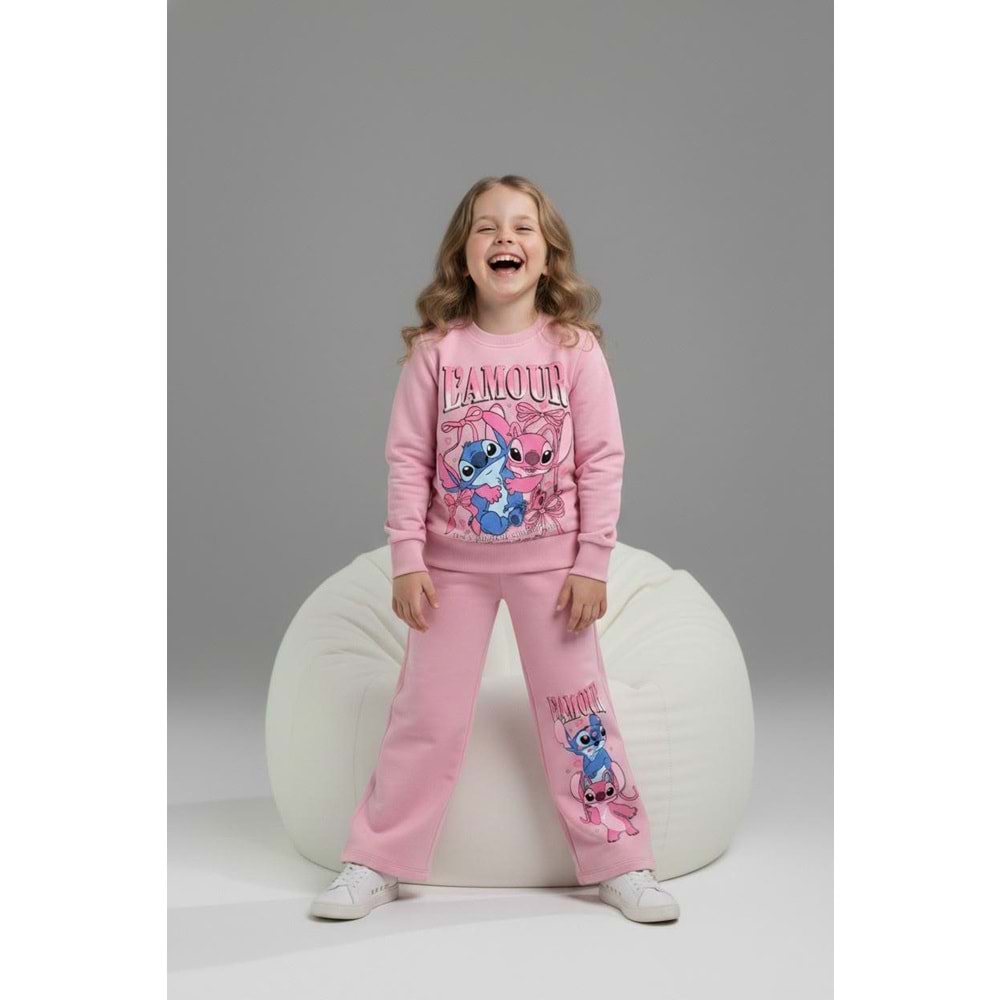 Serenad Kids Stıtch Kız Bol Paça Lamour Yazılı Penye İkili Eşofman Takımı 3-10 Yaş -JE261052325 - AÇIK PEMBE
