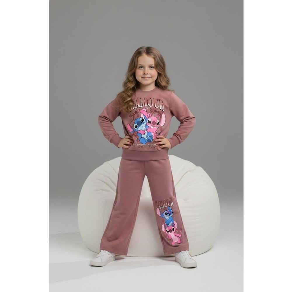 Serenad Kids Stıtch Kız Bol Paça Lamour Yazılı Penye İkili Eşofman Takımı 3-10 Yaş -JE261052325 - GÜL KURUSU