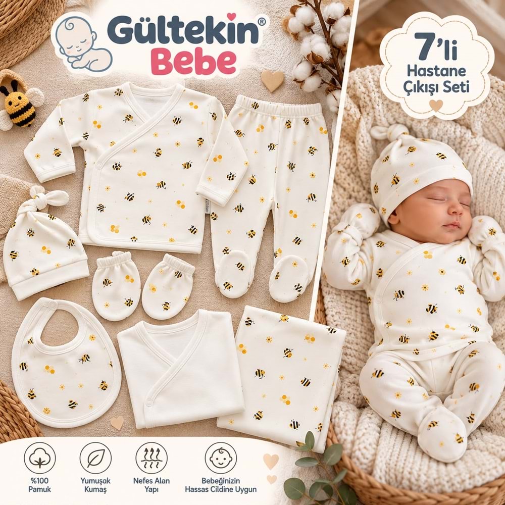 Babymed Arı Desenli Erkek 7 Li Hastane Çıkışı -BA170306 - BEYAZ