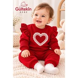 Vovido Kalp Baskılı Kol Fırfırlı 3 İplik Şardonlu Kız İkili Takım 9-24 Aylık -AL3312350 - KIRMIZI