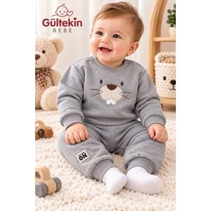 Vovido Sincap Nakışlı 3 İplik Şardonlu Erkek İkili Takım 9-24 Aylık -AL3307366 - GRİ