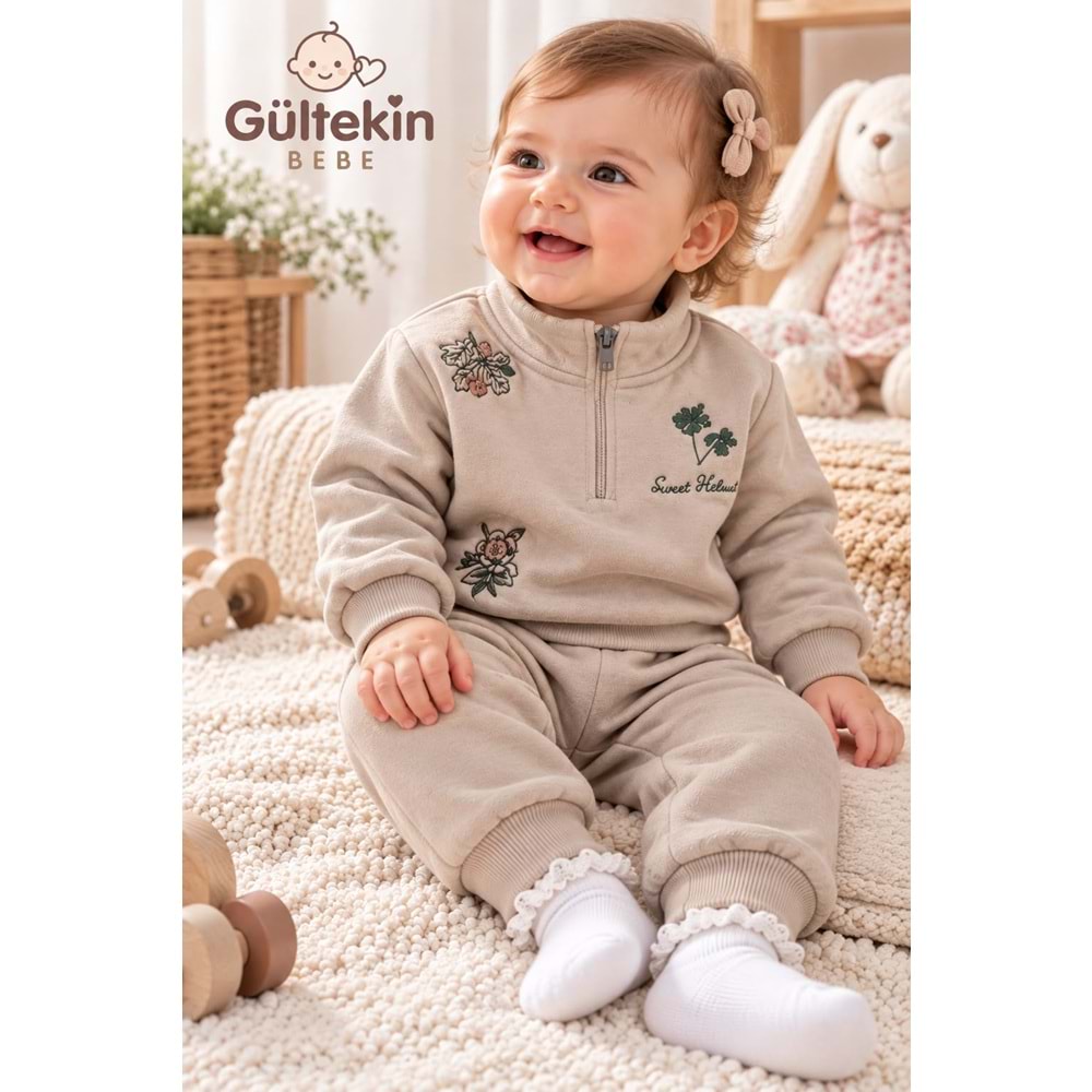 Vovido Palmiye Nakışlı 3 İplik Şardonlu Kız İkili Takım 9-24 Aylık -AL3341383 - GRİ