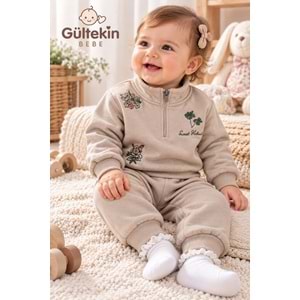 Vovido Palmiye Nakışlı 3 İplik Şardonlu Kız İkili Takım 9-24 Aylık -AL3341383 - GRİ