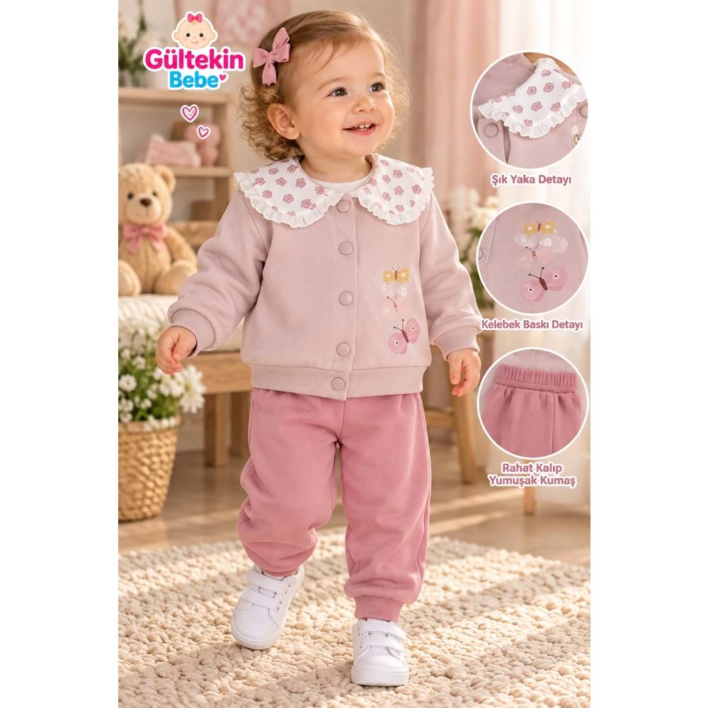 Iggy Butter Fly Desenli 3 İplik Şardonlu Ceketli Üçlü Takım 9-24 Aylık -AL126498527 - LİLA