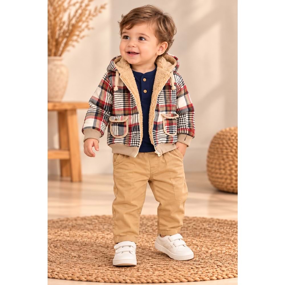 Hippıl Kadife Ekose Desenli Montlu Erkek Üçlü Takım 1-4 Yaş -BAY9106865 - BEJ